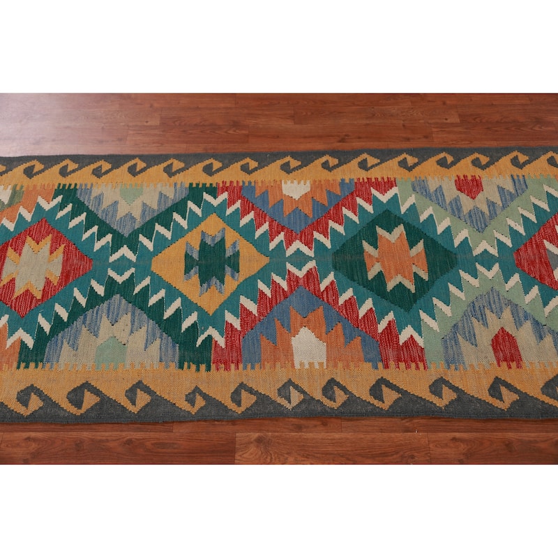 Hand Woven Oriental 100% Wool Carpet Southwestern Geometric Multi-Colored Kilim Runner Rug - 12' 8'' X 2' 9''