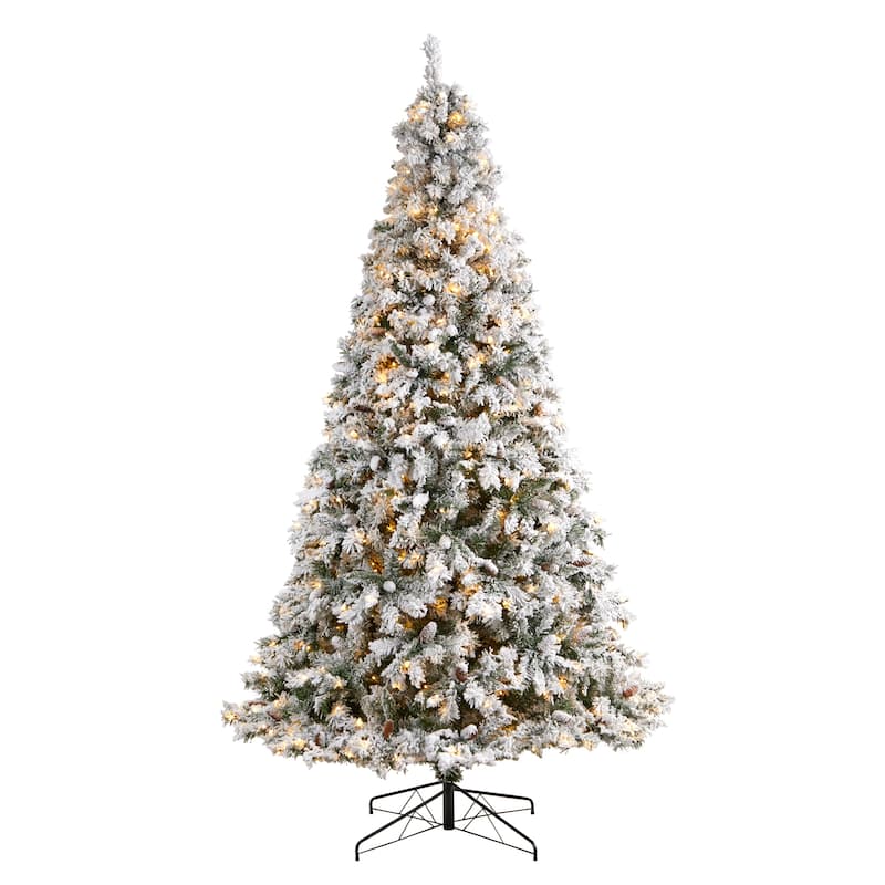 9' Pre-Lit Flocked White River Mountain Artificial Christmas Tree, Clear LED Lights - 9 Foot
