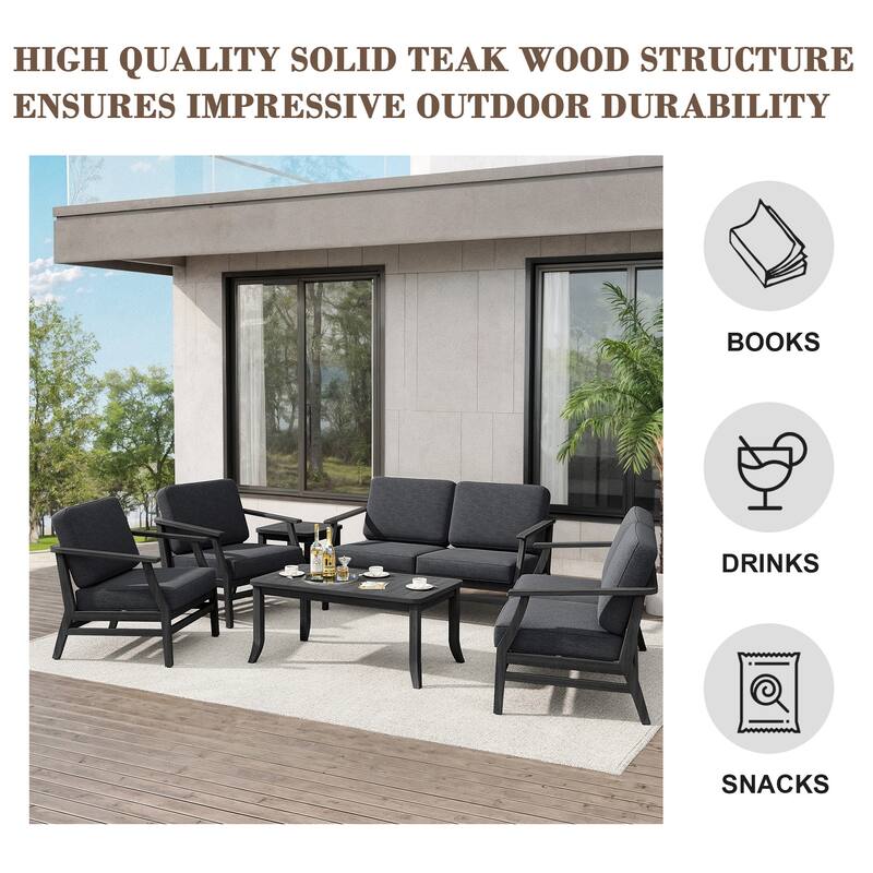 Teak Outdoor Patio Conversation Set with Cushions and Tables (6-Piece)