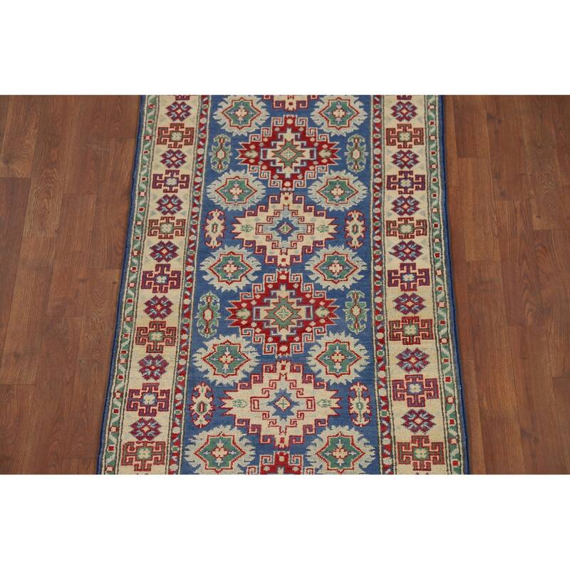 Kazak Runner Rug Hand-Knotted Traditional Blue Wool Carpet - 2'7" x 13'1"