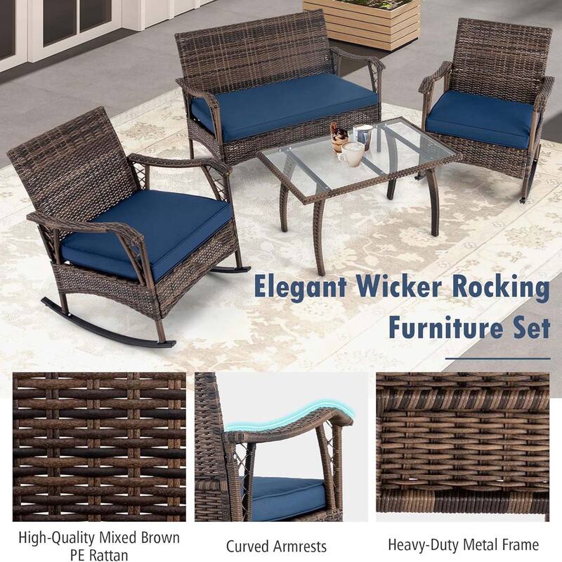 4 PCS Wicker Rocking Set w/ Coffee Table Heavy-Duty Metal Frame