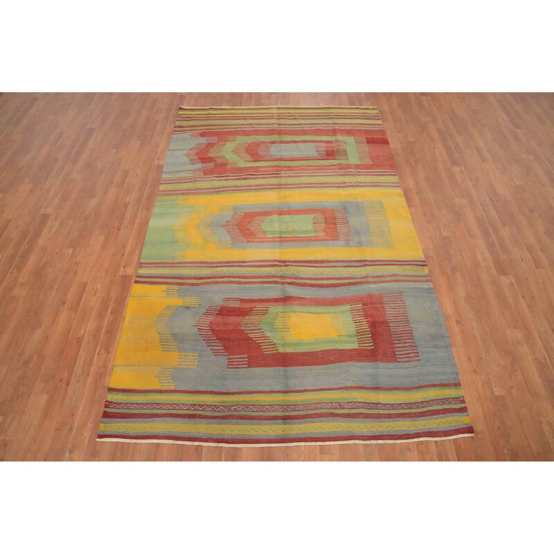 Hand Woven Oriental 100% Wool Carpet Southwestern Geometric Multi-Colored Kilim Area Rug - 8' 9'' X 5' 5''