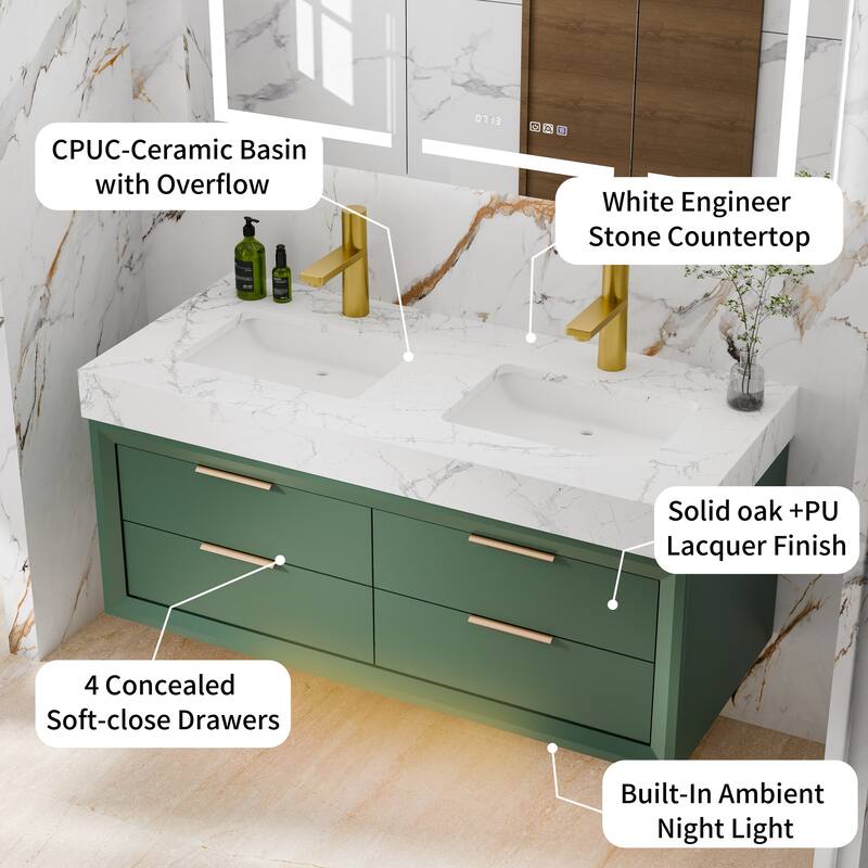 Modland 48" Wall-Mount Double Vanity with LED Light & 6 Drawers - Solid Oak, White / Green - 48 inch