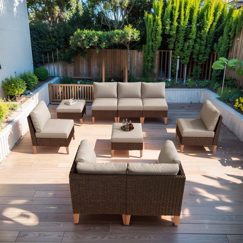 Patio Sectional Sofa Loveseat Sofa with Ottoman - Beige - Brown