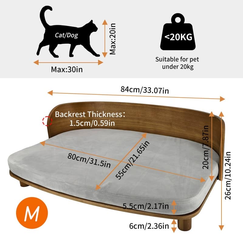 Elevated Dog Bed Curved Wood with Waterproof Soft Cozy Cushion Stool