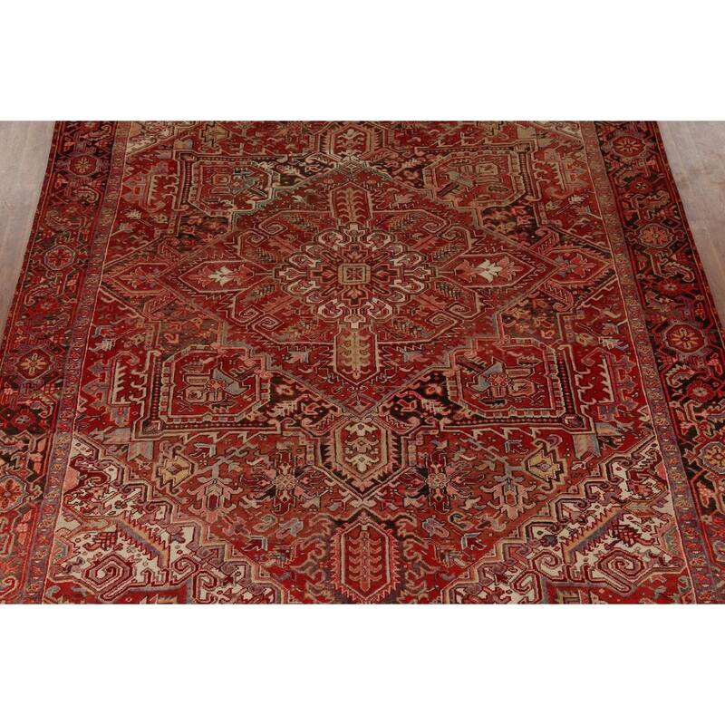 Red Geometric Heriz Persian Vintage Area Rug Hand-Knotted Wool Carpet - 9'4"x 13'5"