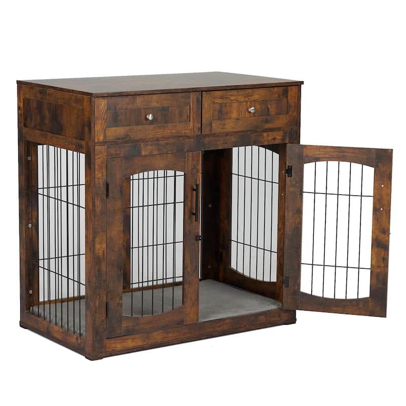 Dog Crate Furniture with Drawers, Wooden Kennel Table with 3 Doors - Brown - Large size