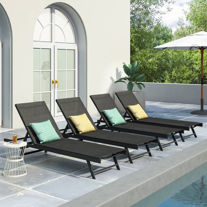 Salton Outdoor Aluminum Mesh-seat Chaise Lounge (Set of 4) by Christopher Knight Home - Black + Dark Gray