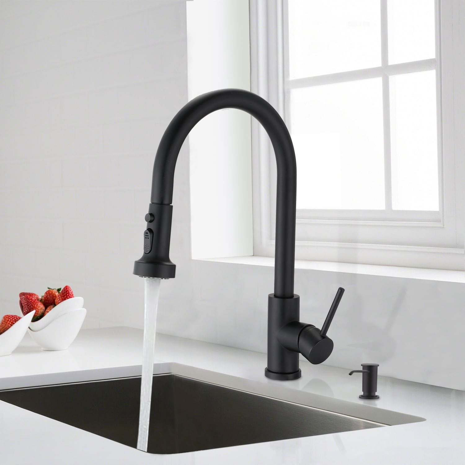 Kitchen sink faucet with soap outlet dispenser