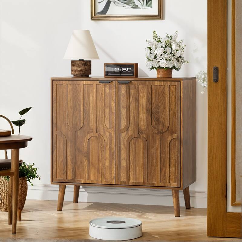 Anmytek Farmhouse Walnut Wood Sideboard Buffet Storage Cabinet Paper Clip Design