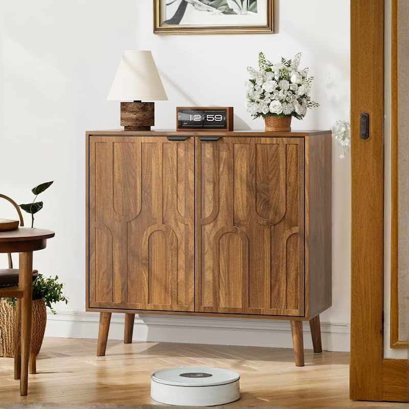 Rustic Farmhouse Sideboard with Paperclip Motif – Spacious Wooden Storage Cabinet for Coffee Bars, Kitchens, and Entryways‌ - Walnut