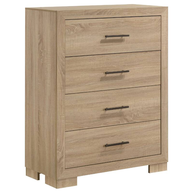 Poxy Tall Dresser Chest with 4 Drawers, Nickel Metal, Oak Brown Wood