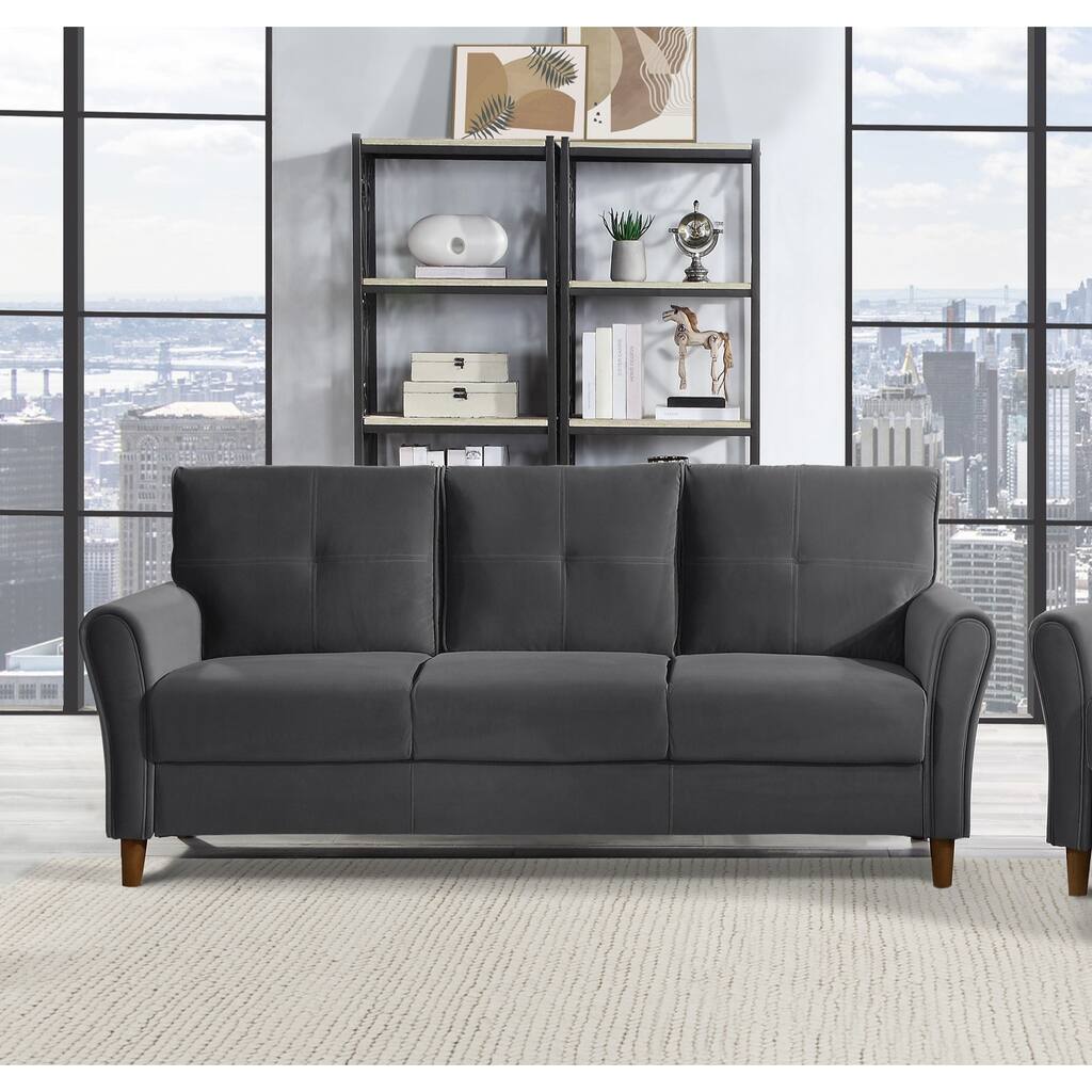 1pc Modern Velvet Upholstered Sofa with Plush Seatbacks & Tufted Details - 80" Grey Couch for Living Room