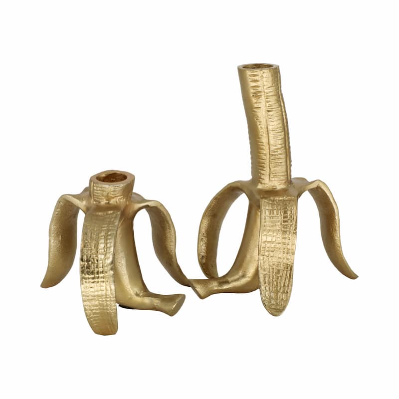 Sagebrook Home Gold Metal Banana Taper Candle Holders, Unique Aluminum and Suar Wood, Set of 2 - 6" x 5" x 7"