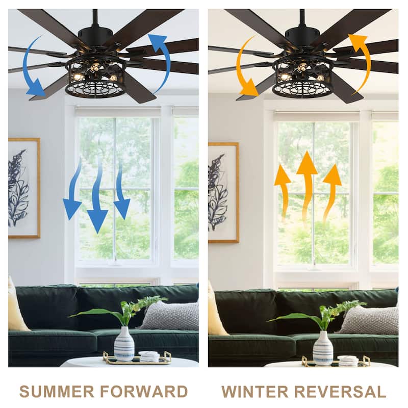 Bella Depot 72" Industrial Large Ceiling Fan 6-speed 3-Light Farmhouse Metal Caged Black Ceiling Fan with Light and Remote