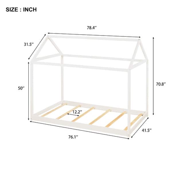 dimension image slide 0 of 2, Twin Size Wooden House Bed, Durable Pine Wood & MDF Construction