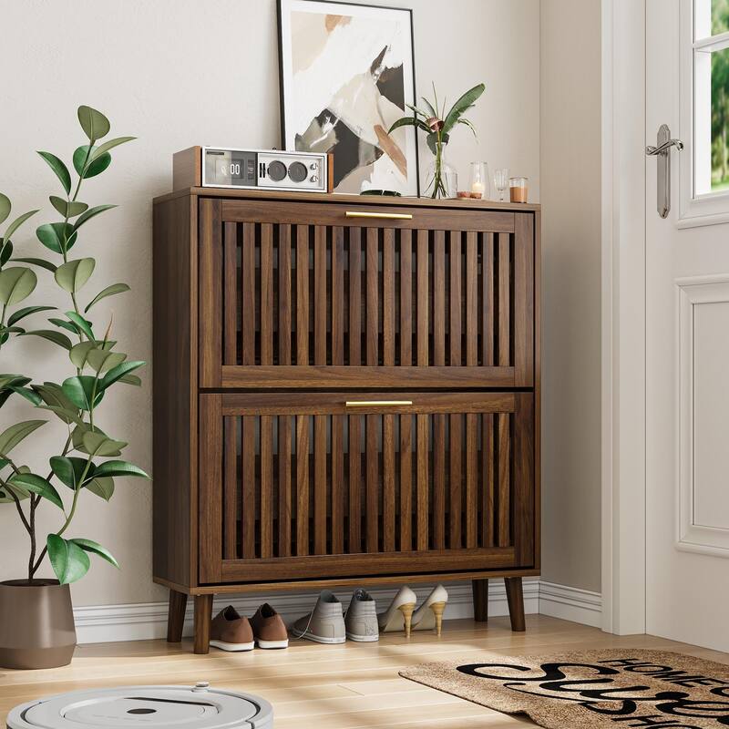 Roomfitters Mid-Century Modern Tilt Out Shoe Cabinet Organizer with Vertical Slat Doors, Slim Entryway Shoe Storage, Walnut