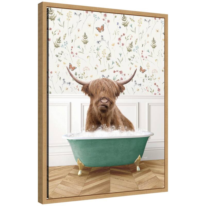 Kate and Laurel Sylvie Highland Cow in Meadow Bathtub Framed Canvas by Amy Peterson - Natural