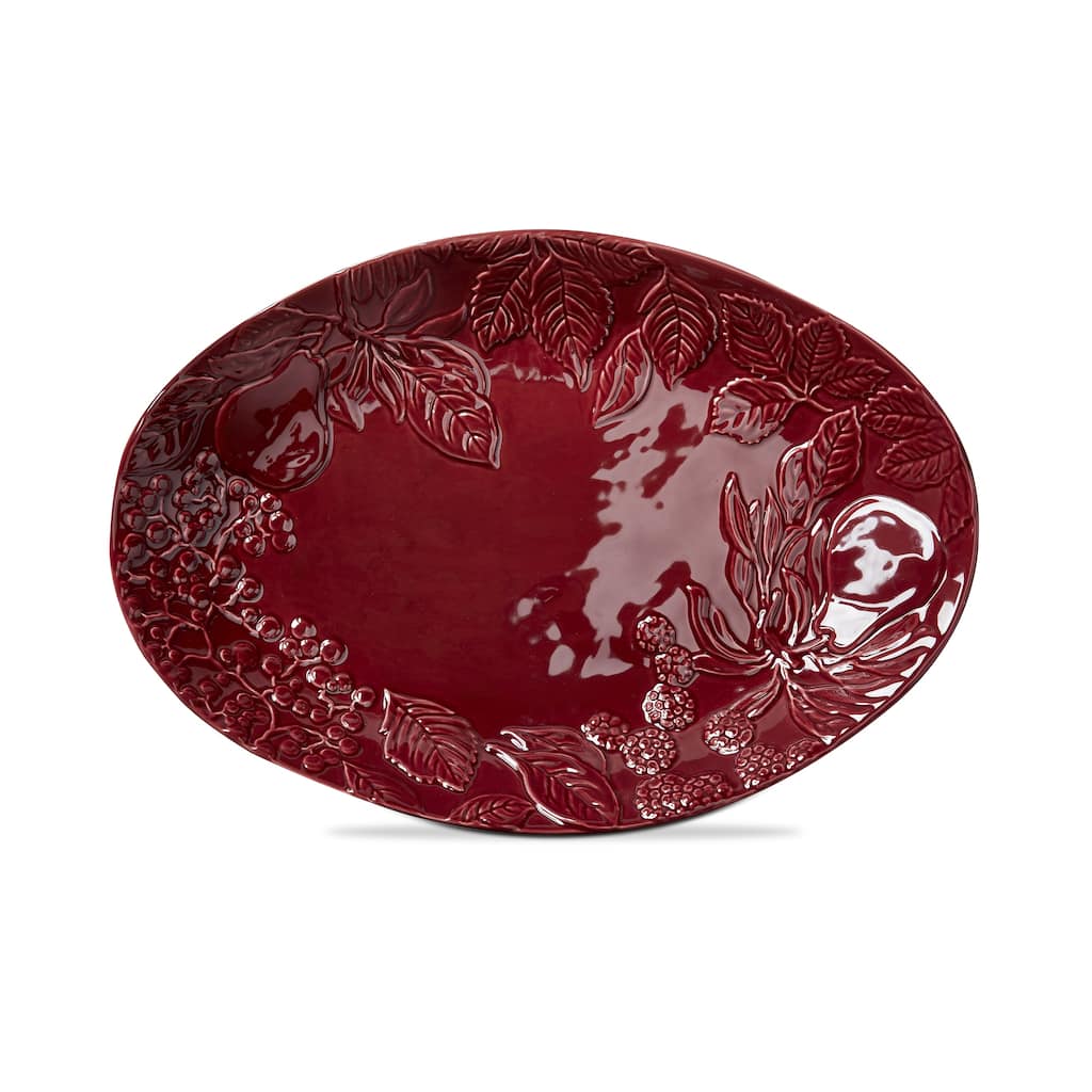 Embossed Autumn Leaves Oval Serving Platter Plum Purple Ceramic Dishwasher Safe 20 x 14 x 2.5 Inches Fall Harvest Decor