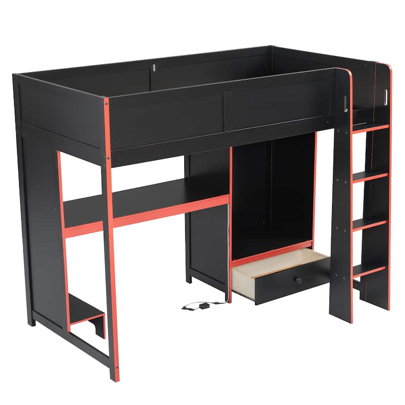 Esports Gaming Bed LED Gaming Loft Bed with Wardrobe, Drawer, Desk with PC Tower Holder Underneath for Gaming Hotel Gaming Room