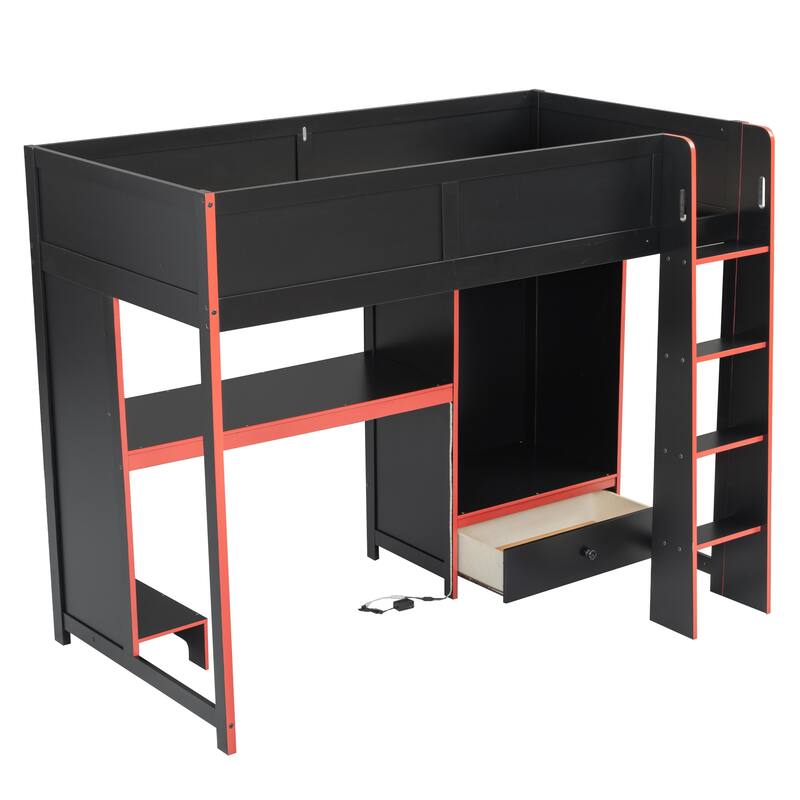 LED Gaming Loft Bed with Built In Desk, Drawer and Wardrobe, Solid Pine High Loftbed Frame, Wood Slat Support