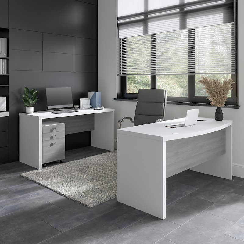Echo Bow Front Desk and Credenza w/ Drawers by Bush Business Furniture - Pure White/Modern Gray