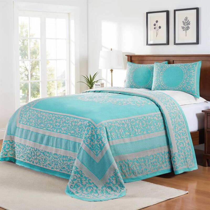 Cotton Blend Oversized Vintage Floral Scroll Bedspread Set by Superior - Aqua - Twin