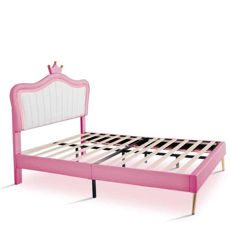 Modern Queen/Twin Full Upholstered Platform Bed with LED Lights, Adjustable Crown Headboard, No Box Spring