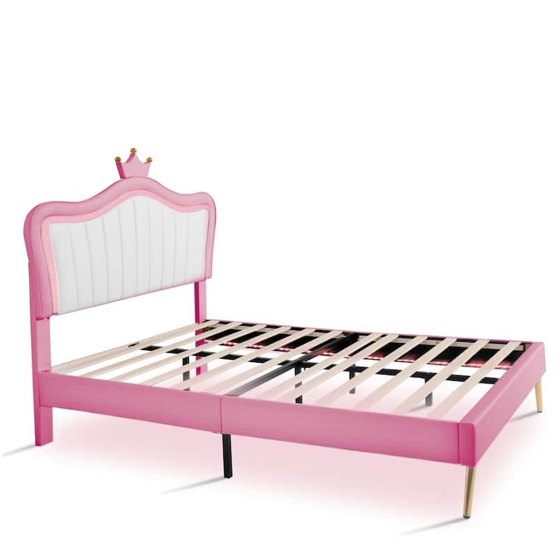 Pink Full Bed with LED & Crown Headboard