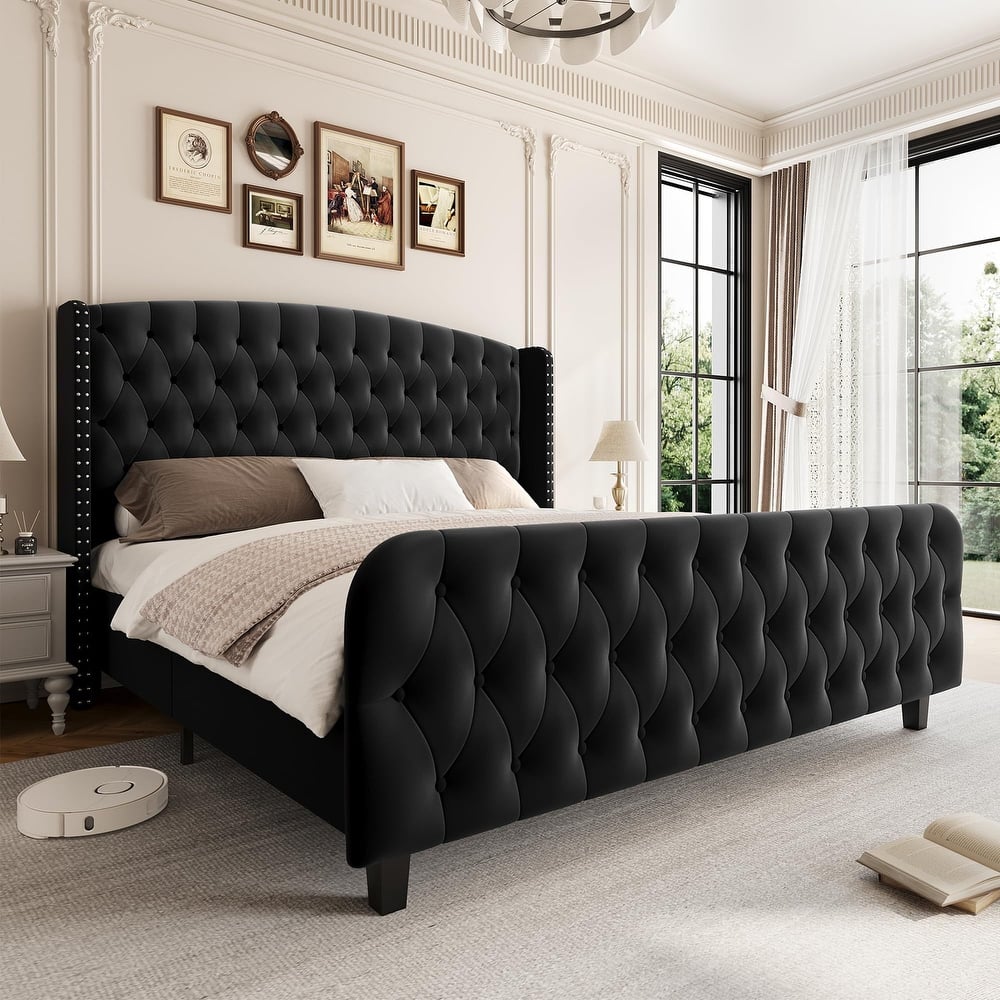 Velvet Upholstered Platform Bed Frame, with Deep Button Tufted Wingback Headboard