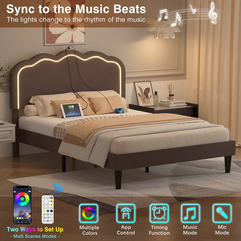 Javlergo Modern Queen Platform Bed with Adjustable LED Headboard USB Ports & Under-Bed Storage Heavy Duty Upholstered Bed Frame