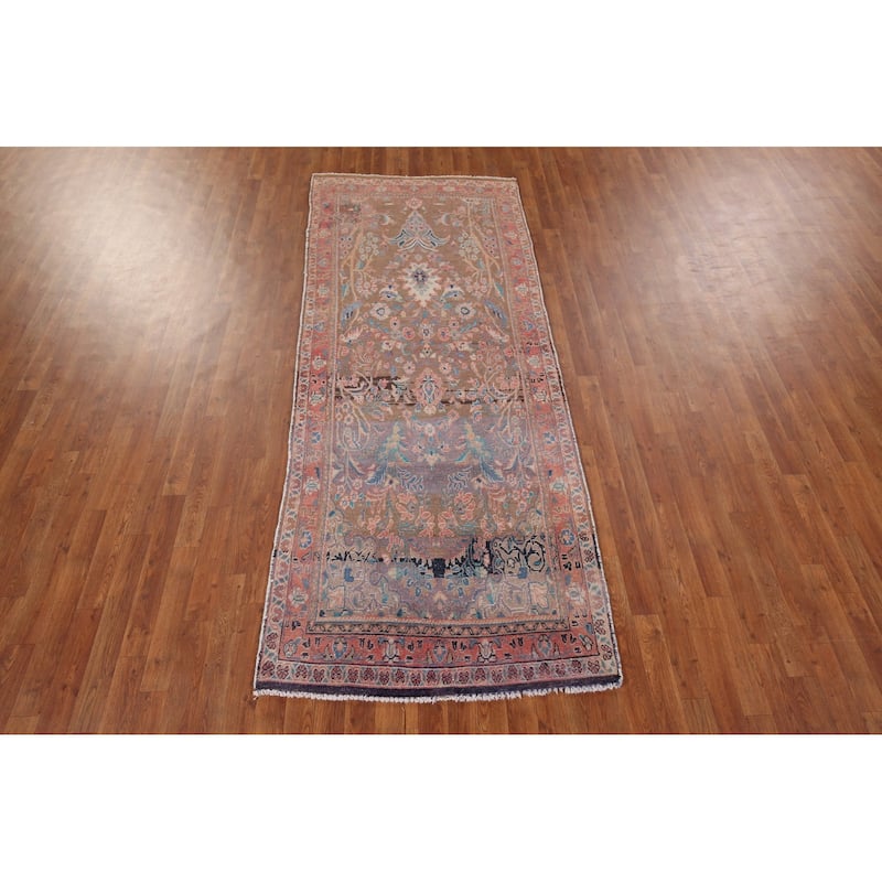 Distressed Mahal Persian Vintage Runner Rug Hand-Knotted Wool Carpet - 3'7" x 8'10"