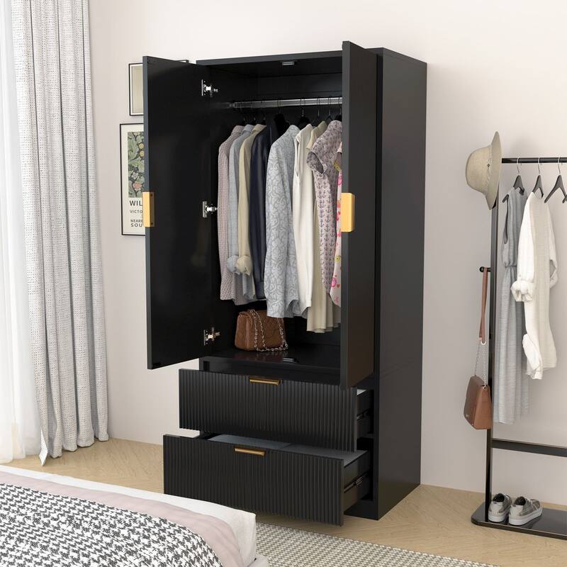 Gymojoy 2 Door Armoire Wardrobe Closet with Drawers, Modern Fluted Bedroom Storage Cabinet