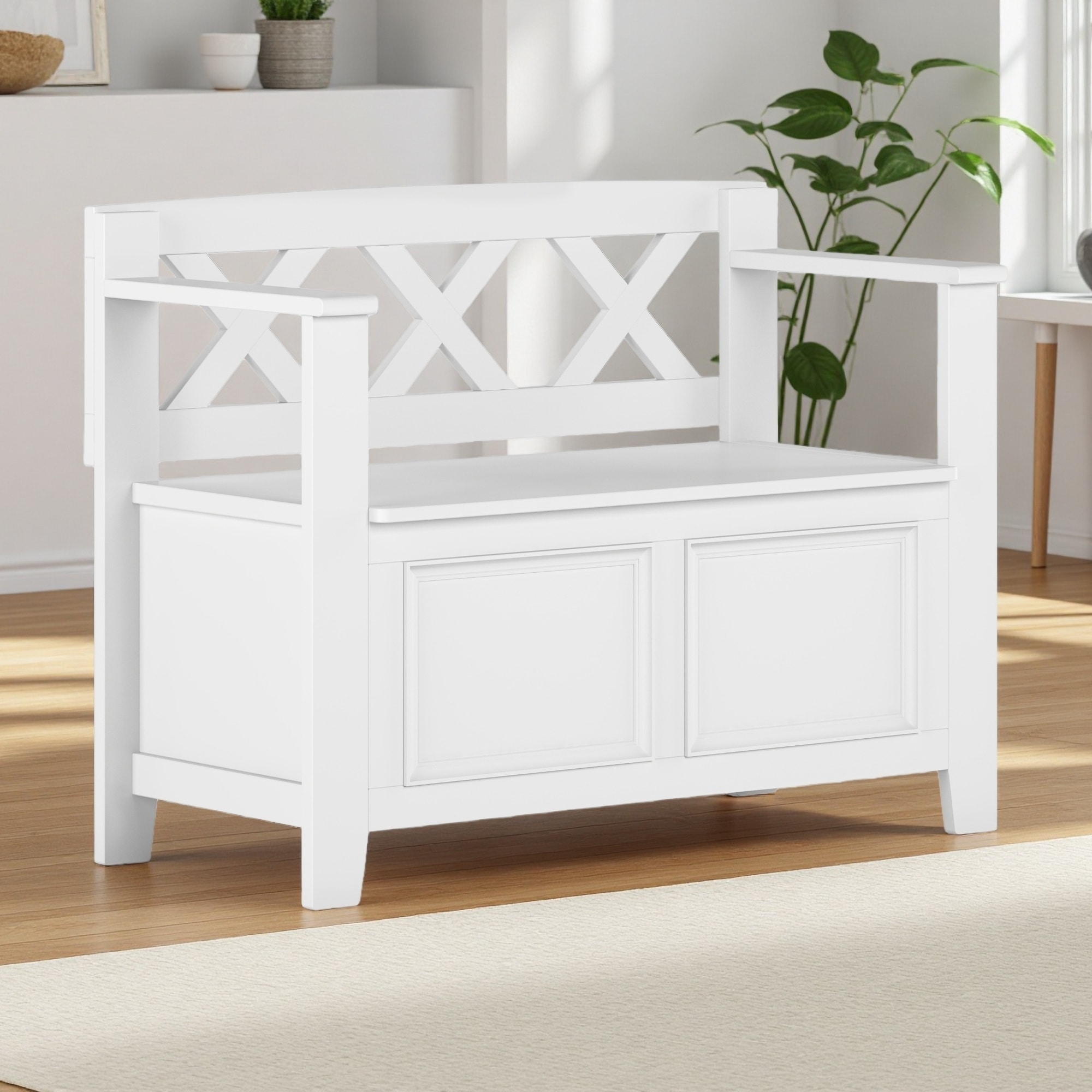 36"L Amherst Solid Wood Entryway Storage Bench, Lift-Up Lid, Ample Storage, Transitional Design with X-Back Accents