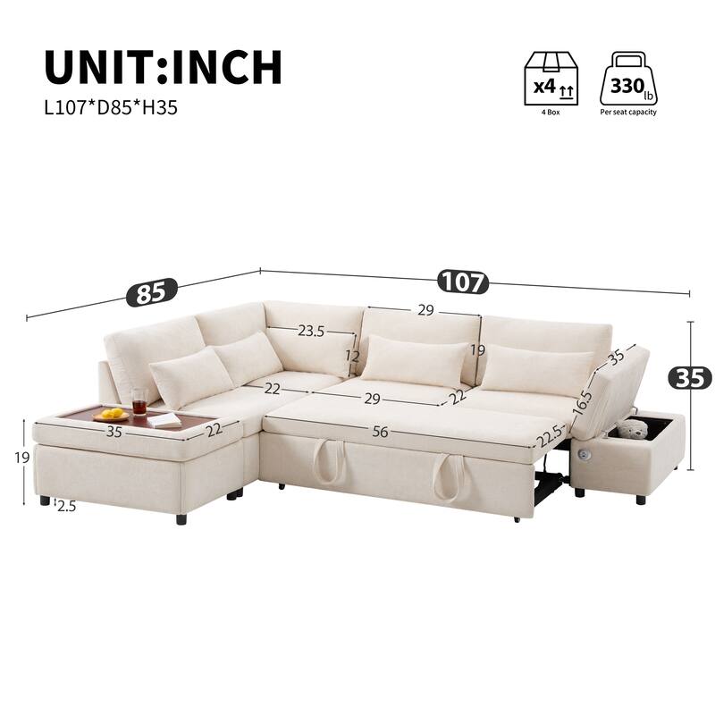 Premium Modular Sectional Pull-Out Sofa Bed with Adjustable Armrests, Movable Storage Ottoman, USB & Type-C Ports
