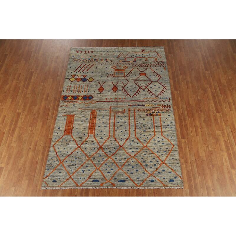 Moroccan Oriental Area Rug Hand-Knotted Grey Wool Carpet - 6'8" x 9'10"