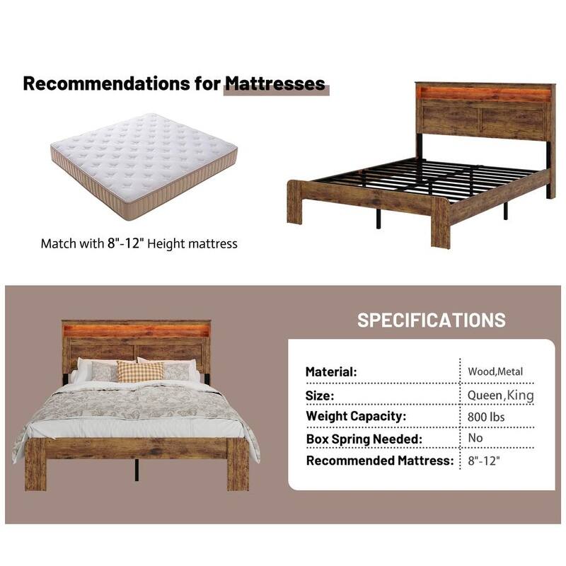 Queen/King Size Farmhouse Style Burned Wood Bed Frame with LED Light, Platform Bed with Storage Headboard and USB Ports