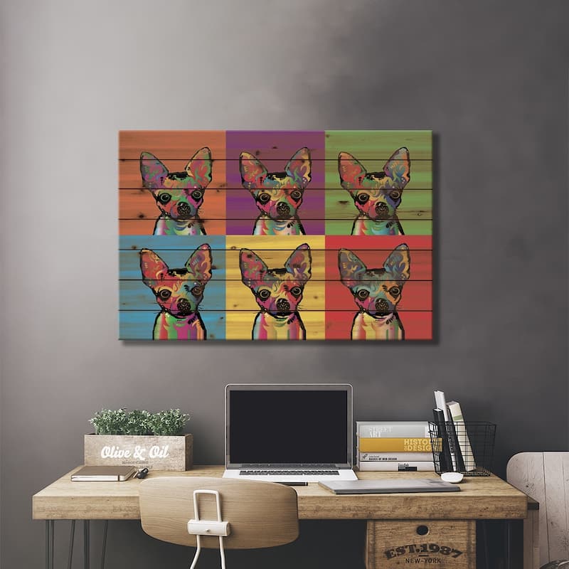 Rainbow Chihuahua Line-Up Print On Wood by Michael Tompsett - Multi-Color