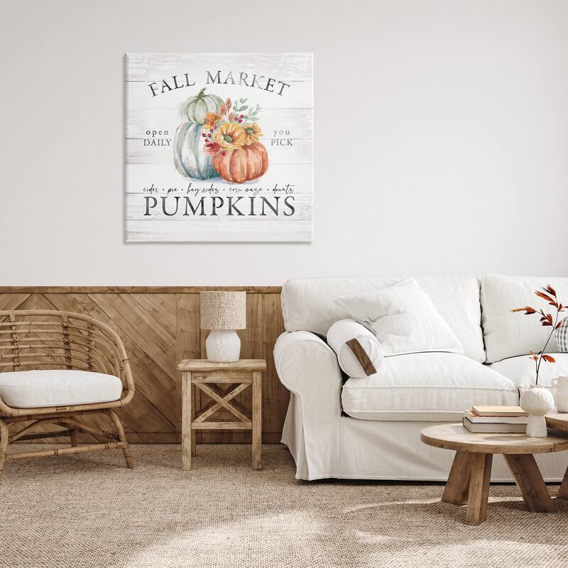 Stupell Fall Market Pumpkins Rustic Country Sign Autumn Florals Canvas Wall Art - Orange