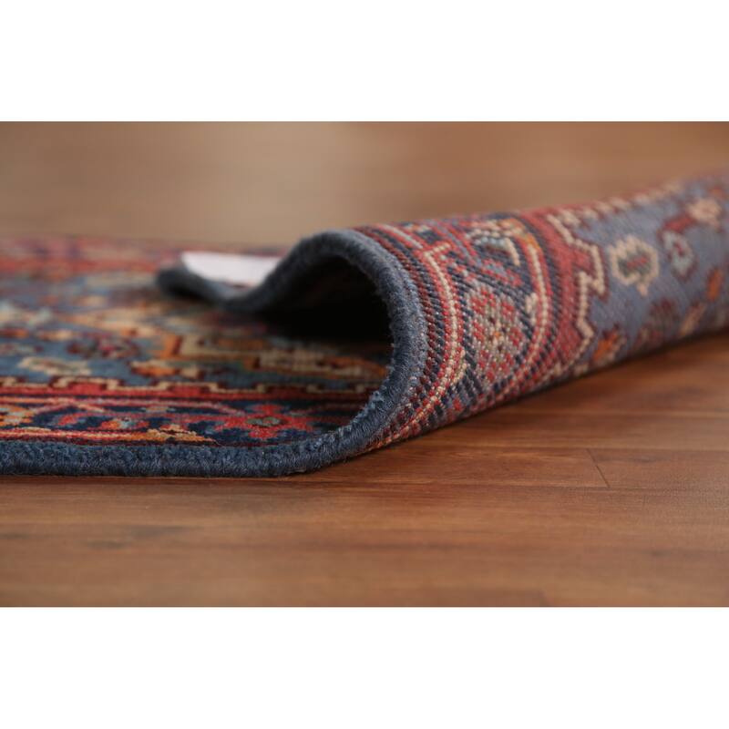 Hand Knotted Oriental 100% Wool Carpet Traditional Geometric Navy Blue & Blues Heriz (serapi) Runner Rug - 7' 10'' X 2' 7''