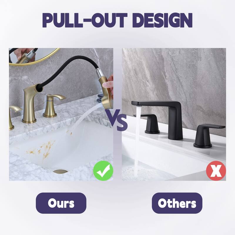 2 Handle Bathroom Sink Faucet with Pull Out Sprayer, Silent Splashback, Rust and Corrosion Resistant, Resists Discoloration