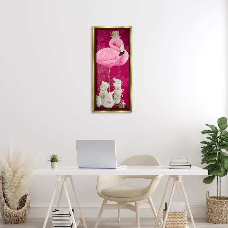 Stupell Flamingo with Antique Teacups Framed Floater Canvas Wall Art Design By Heather Gauthier