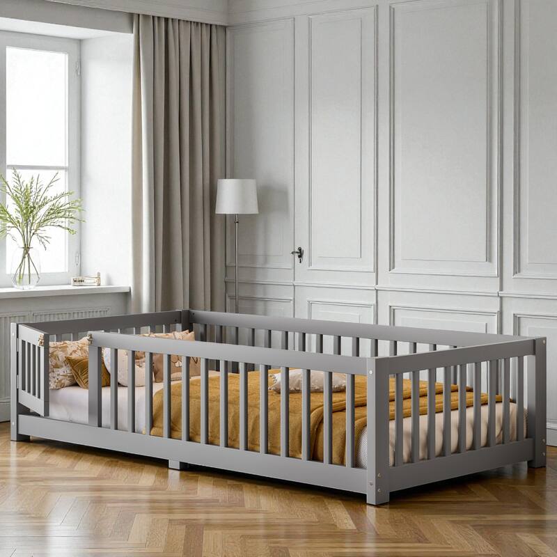 Twin/Full/Queen Size Wood Floor Bed with Door and Guardrails for Kids, Montessori Bed with Removable Slats
