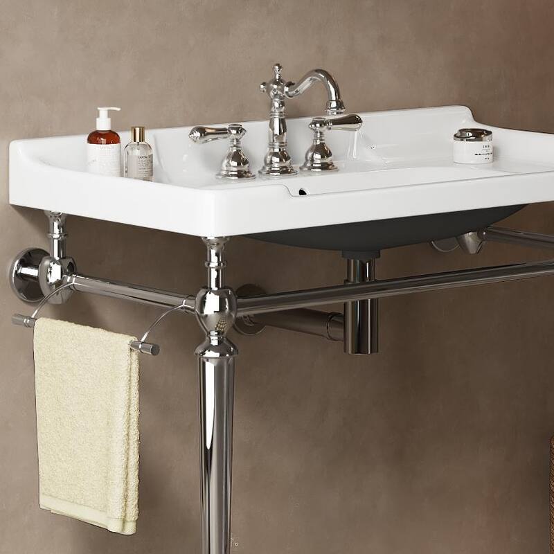 28" Wall-Mounted Console Sink with Stainless Steel Legs, White Ceramic Vanity Basin & Towel Bar