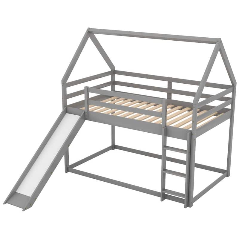 Twin Size Bunk House Bed with Slide and Ladder