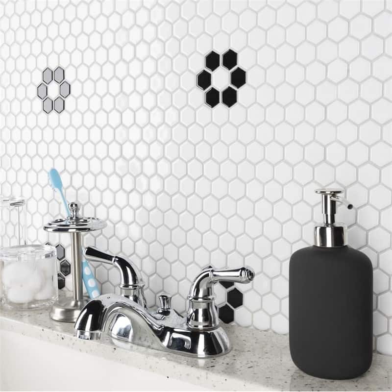 Merola Tile Metro 1" Hex Glossy White w/Single Flower 10-1/4" x 11-7/8" Porcelain Floor and Wall Tile