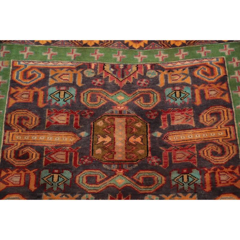 Hand Knotted Oriental 100% Wool Carpet Traditional Geometric Navy Blue & Blues Ardebil Runner Rug - 8' 9'' X 3' 9''