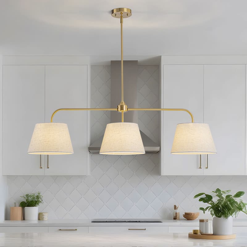 Starsky 3-Light Modern White Linear Drum Fabric Kitchen Island Light