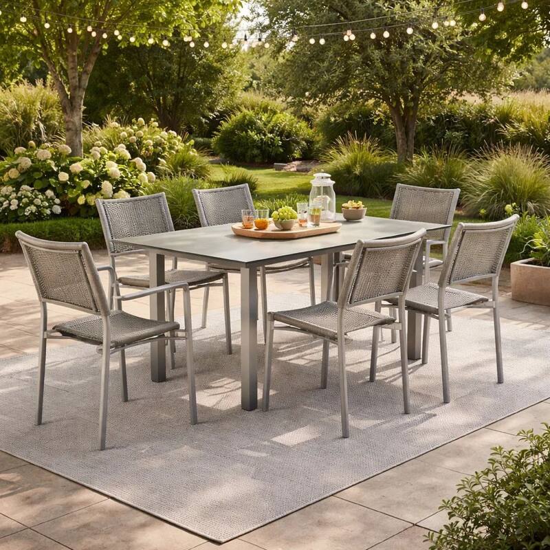 Kylo 7 Piece Dining Table Set, Aluminum, Gray Rope Weave Backrest and Seat