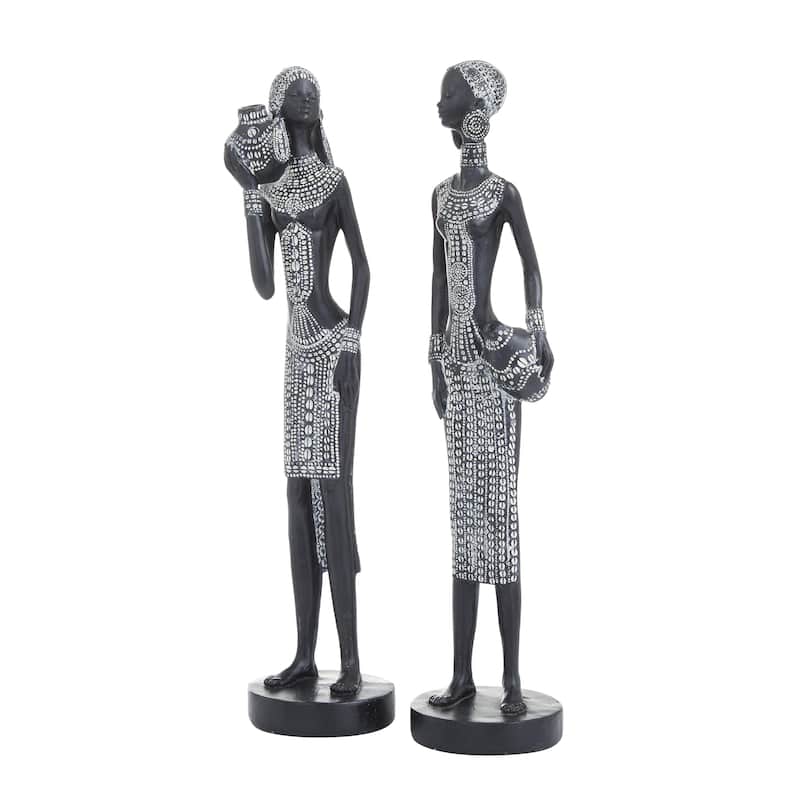 Polystone Woman Standing African Decorative Sculpture with Intricate Details - Set of 2 Black - Roche River Decor